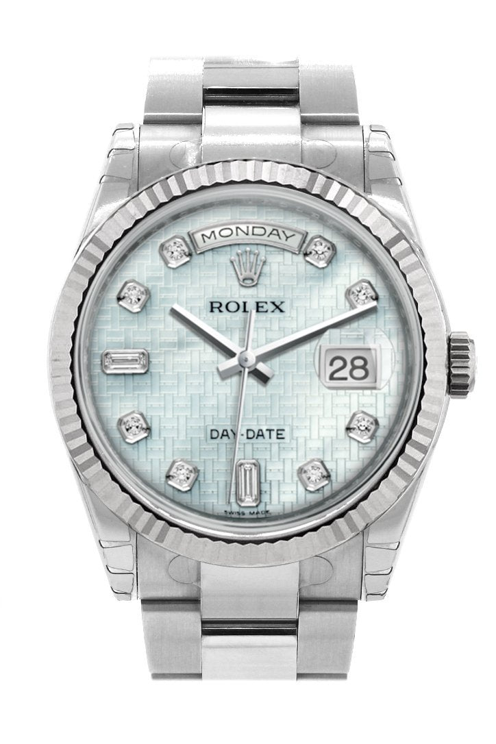 Rolex Day-Date 36 Platinum mother-of-pearl with oxford motif set with Diamonds Dial Fluted Bezel Oyster White Gold Watch 118239