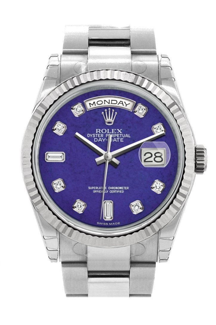Rolex Day-Date 36 Lapis Lazuli set with Diamonds Dial Fluted Bezel Oyster White Gold Watch 118239