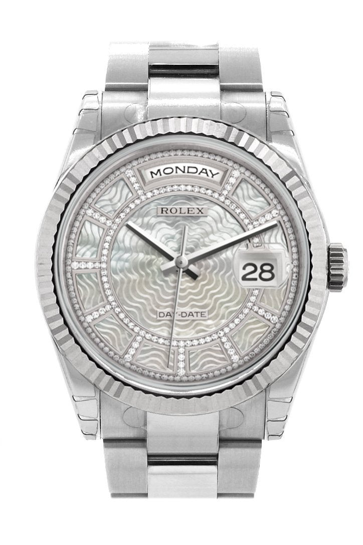 Rolex Day-Date 36 Carousel of white mother-of-pearl Dial Fluted Bezel Oyster White Gold Watch 118239