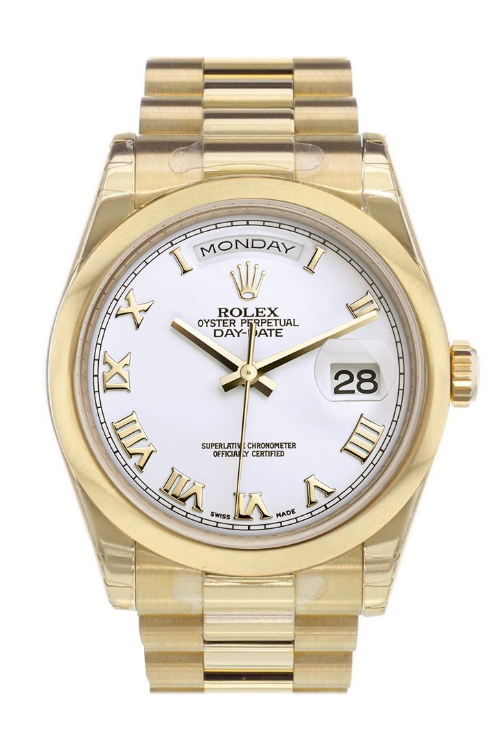 Rolex Day-Date 36 White Roman Dial President Yellow Gold Watch 118208