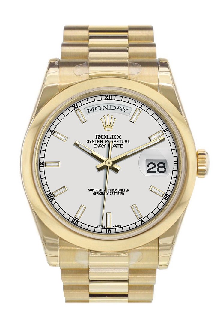 Rolex Day-Date 36 White Dial President Yellow Gold Watch 118208