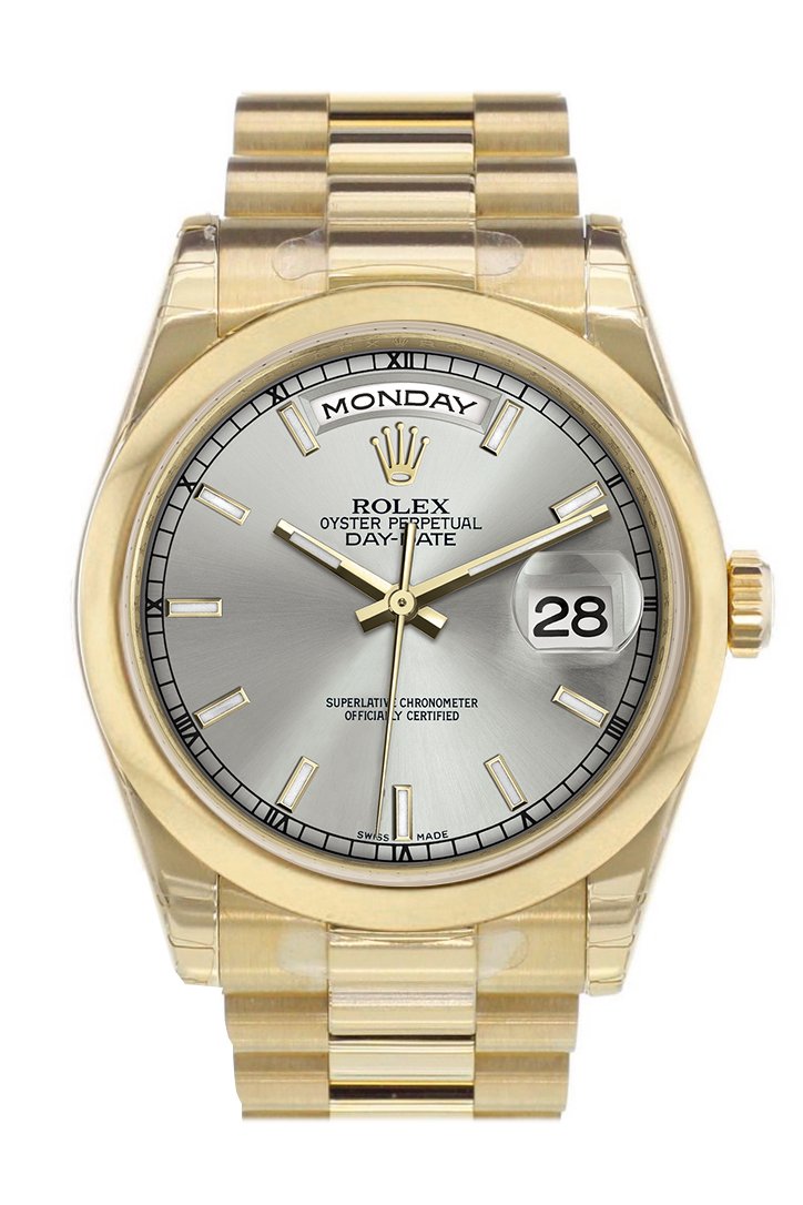 Rolex Day-Date 36 Silver Dial President Yellow Gold Watch 118208