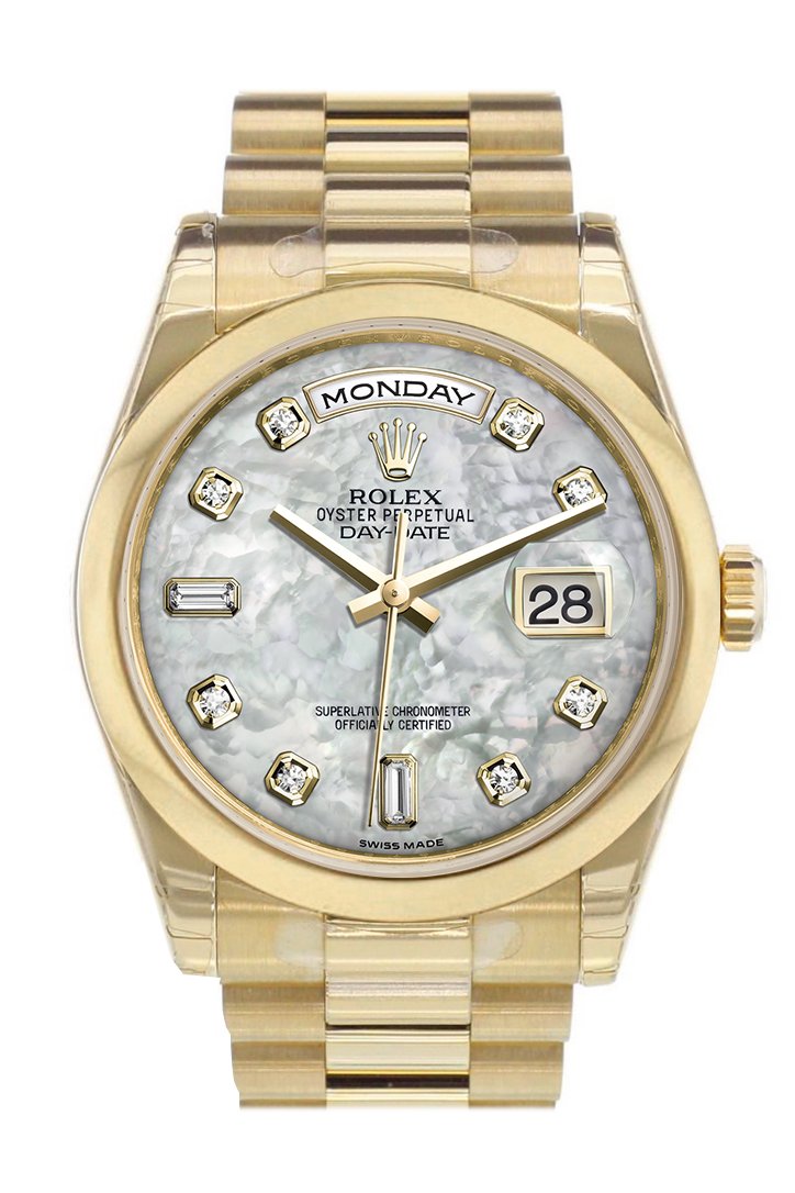 Rolex Day-Date 36 White mother of pearl set with Diamonds Dial President Yellow Gold Watch 118208
