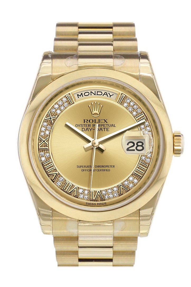 Rolex Day-Date 36 Champagne Diamonds Dial President Yellow Gold Watch 118208