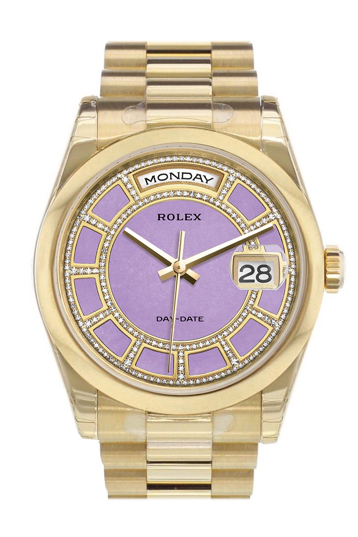 Rolex Day-Date 36 Carousel lavender jade Diamonds Dial President Yellow Gold Watch 118208