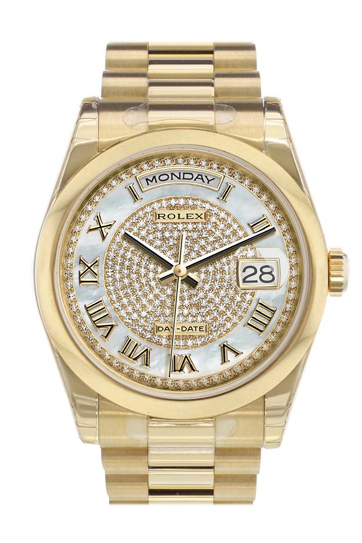 Rolex Day-Date 36 White mother of pearl Diamonds paved Dial President Yellow Gold Watch 118208