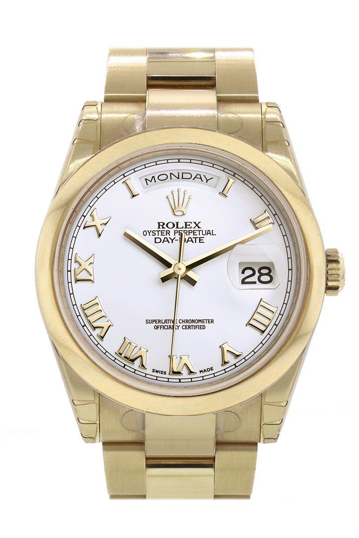 Rolex Day-Date 36 White Roman Dial Yellow Gold Watch 118208