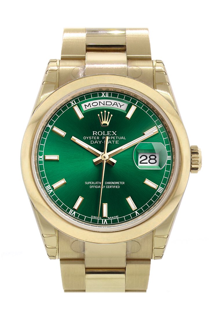 Rolex Day-Date 36 Green Dial Yellow Gold Watch 118208