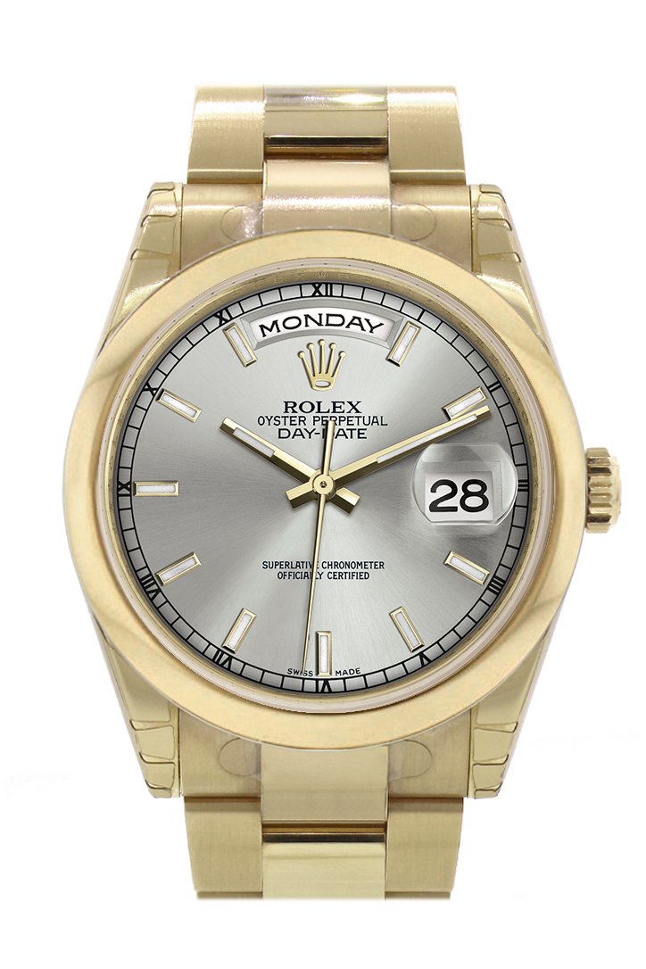 Rolex Day-Date 36 Silver Dial Yellow Gold Watch 118208